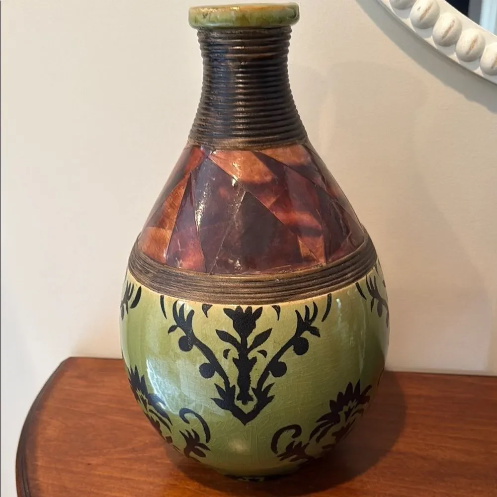 PIER ONE LARGE Decorative Ceramic Vase with Green Brown Black Pattern Decor